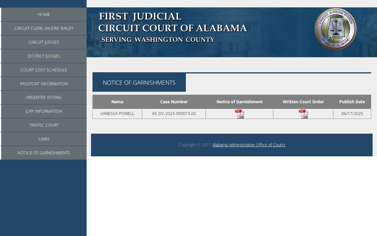 Washington County court dockets garnishment notice listing