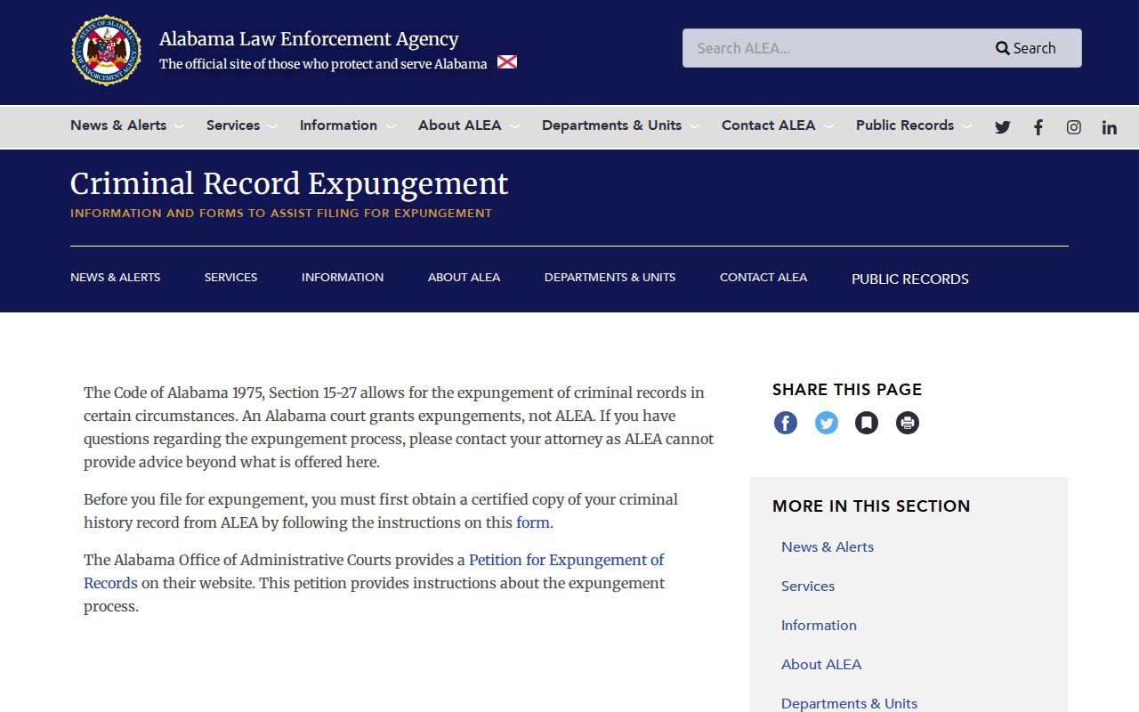 Washington County criminal court records ALEA expungement information