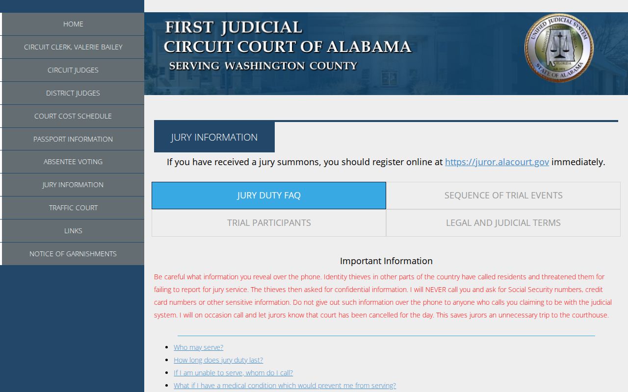 Washington County Court records jury information and registration