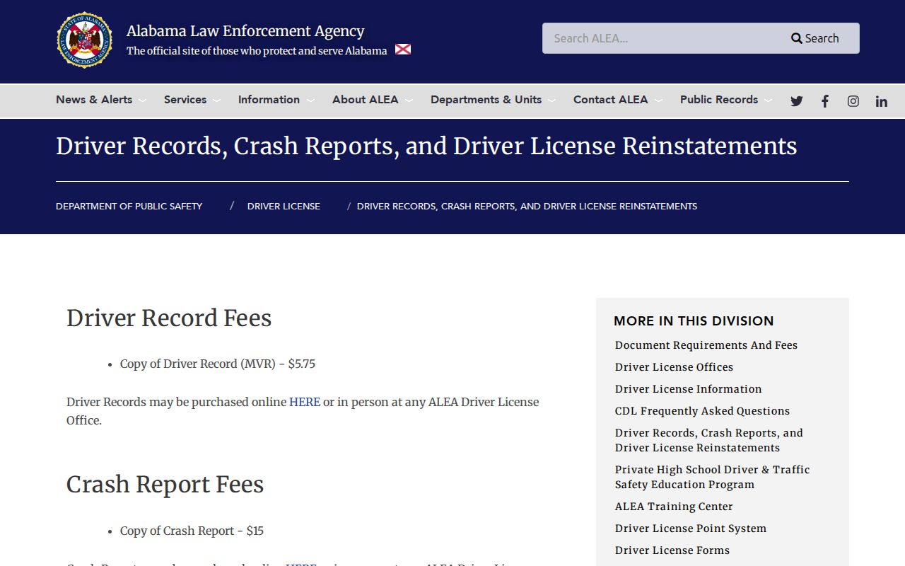 Washington County inmate records ALEA driver record source distinction