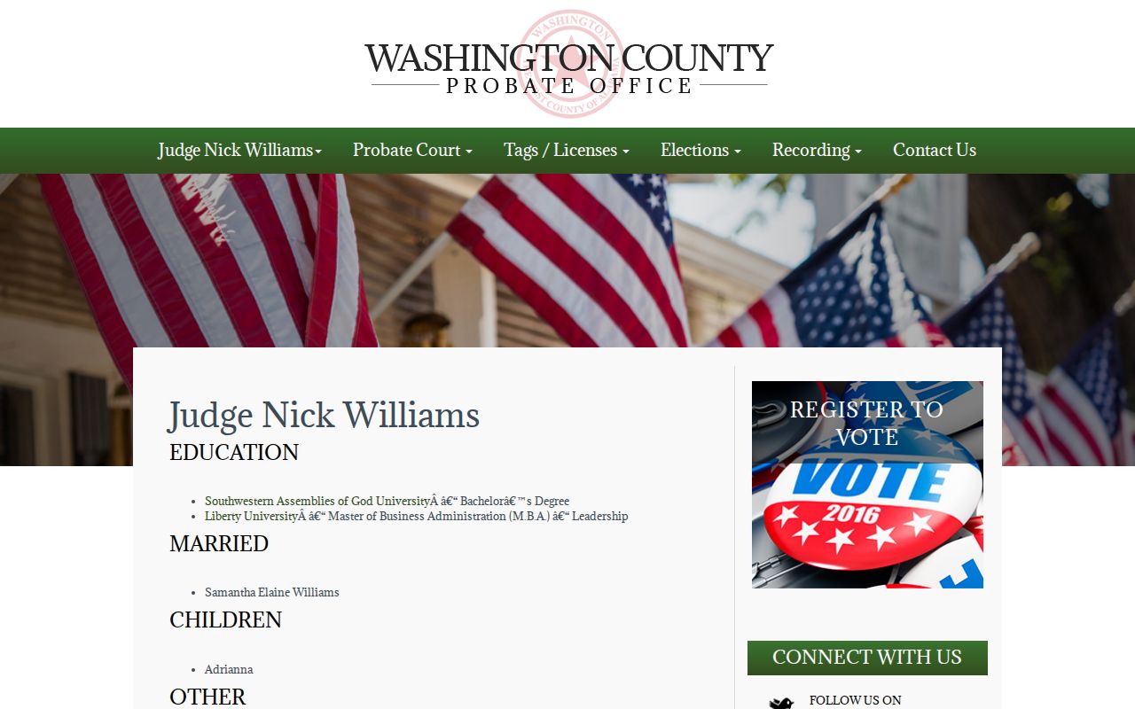 Washington County probate records Judge Nick Williams biography